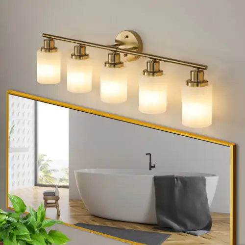 Luxury 5-Light Gold Bathroom Vanity Lamp – Modern Design with Frosted Glass Shades