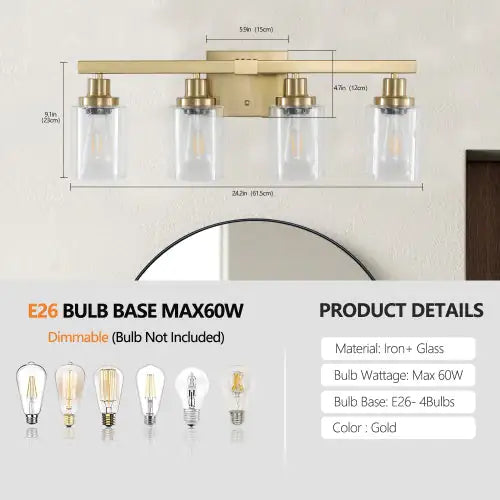 Gold 4 Lamp Vanity Light With Clear Glass Shade, Modern Iron Metal Bathroom Wall Fixture For Bathroom & Dresser - No Bulbs Unavailable Platform- Temu